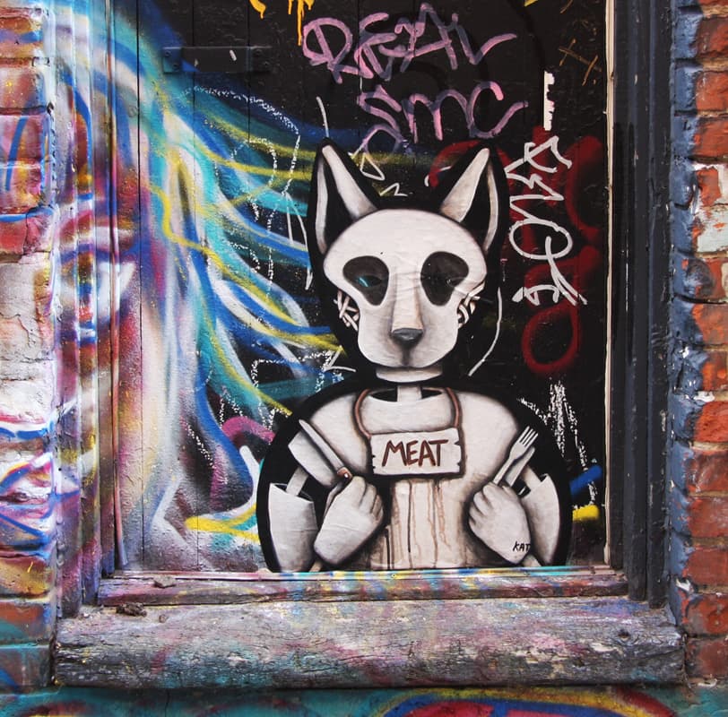 Kat wheatpaste in alley between Clark and St-Urbain