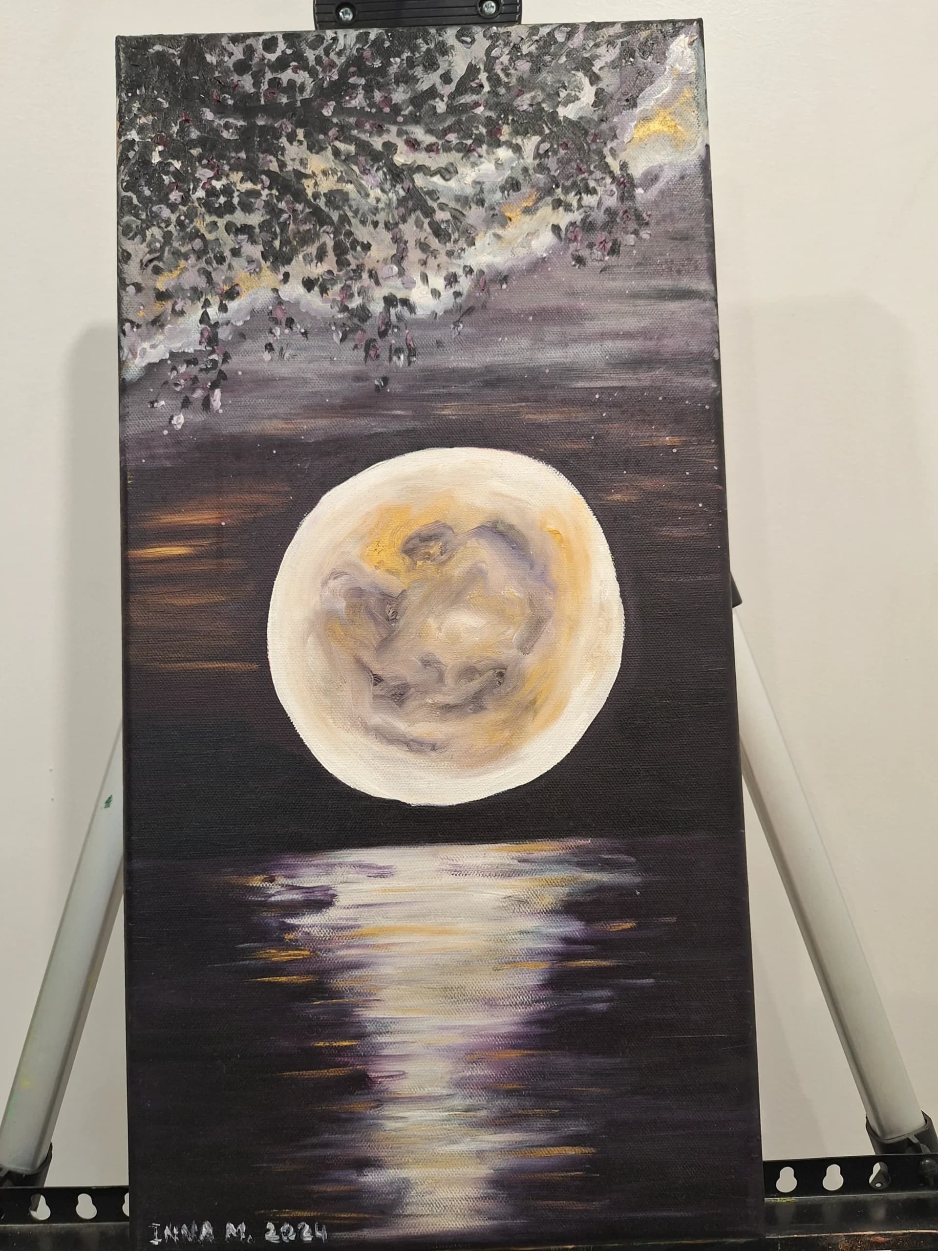 Moonlit Night Painting: Reflecting Water, Romantic Mystical Art