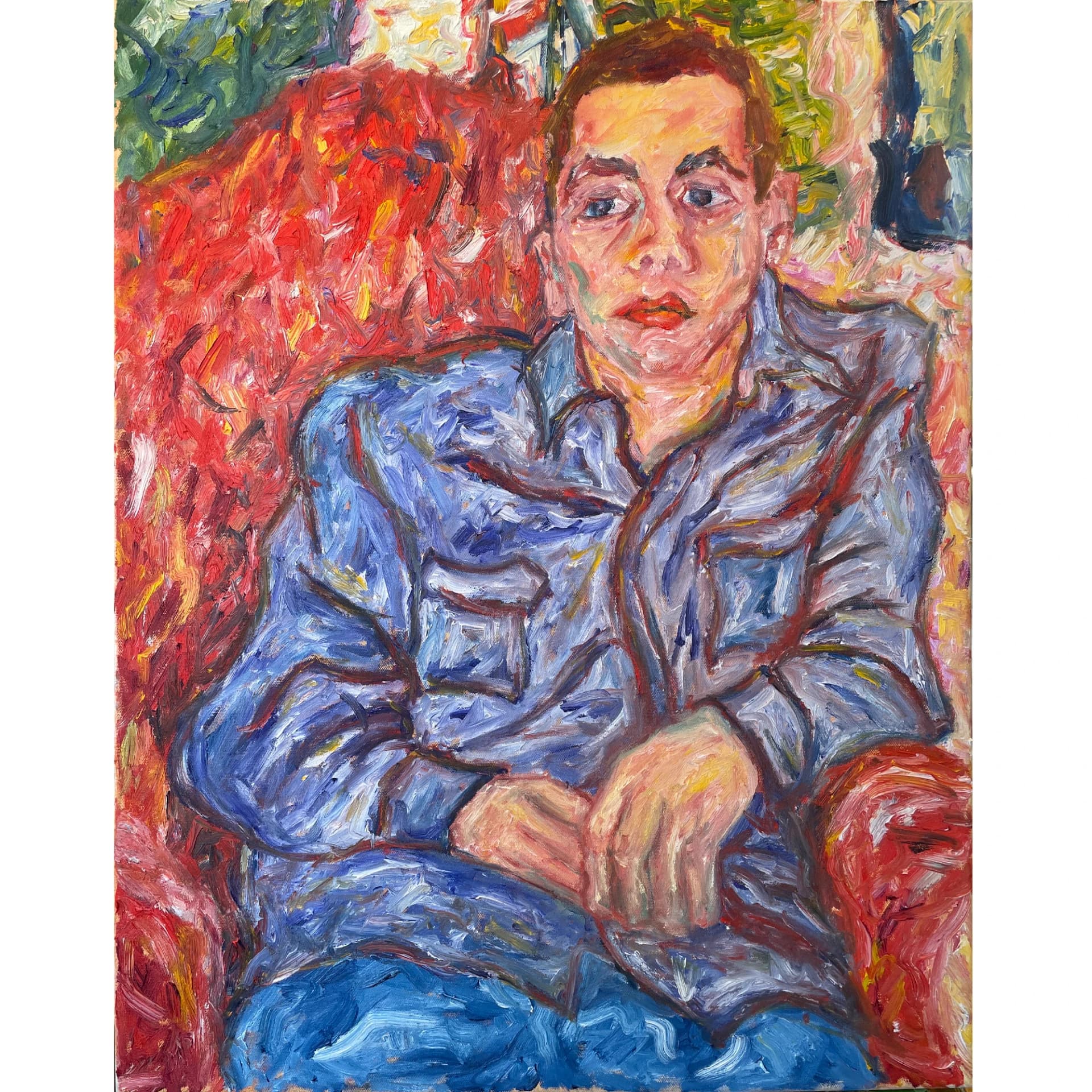 Autoportrait sur fauteuil rose