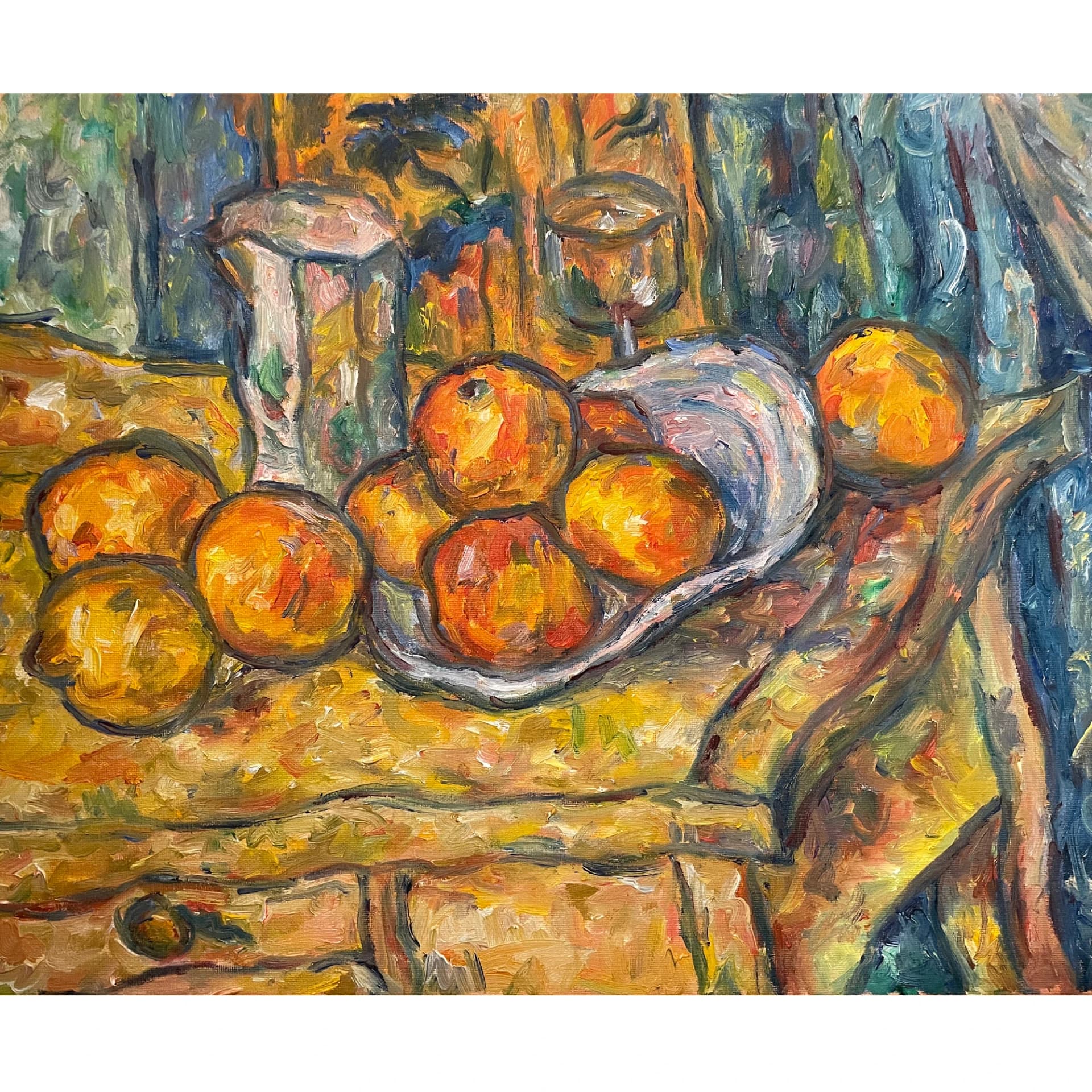 Nature morte : pot à lait et fruits, d'après Cézanne