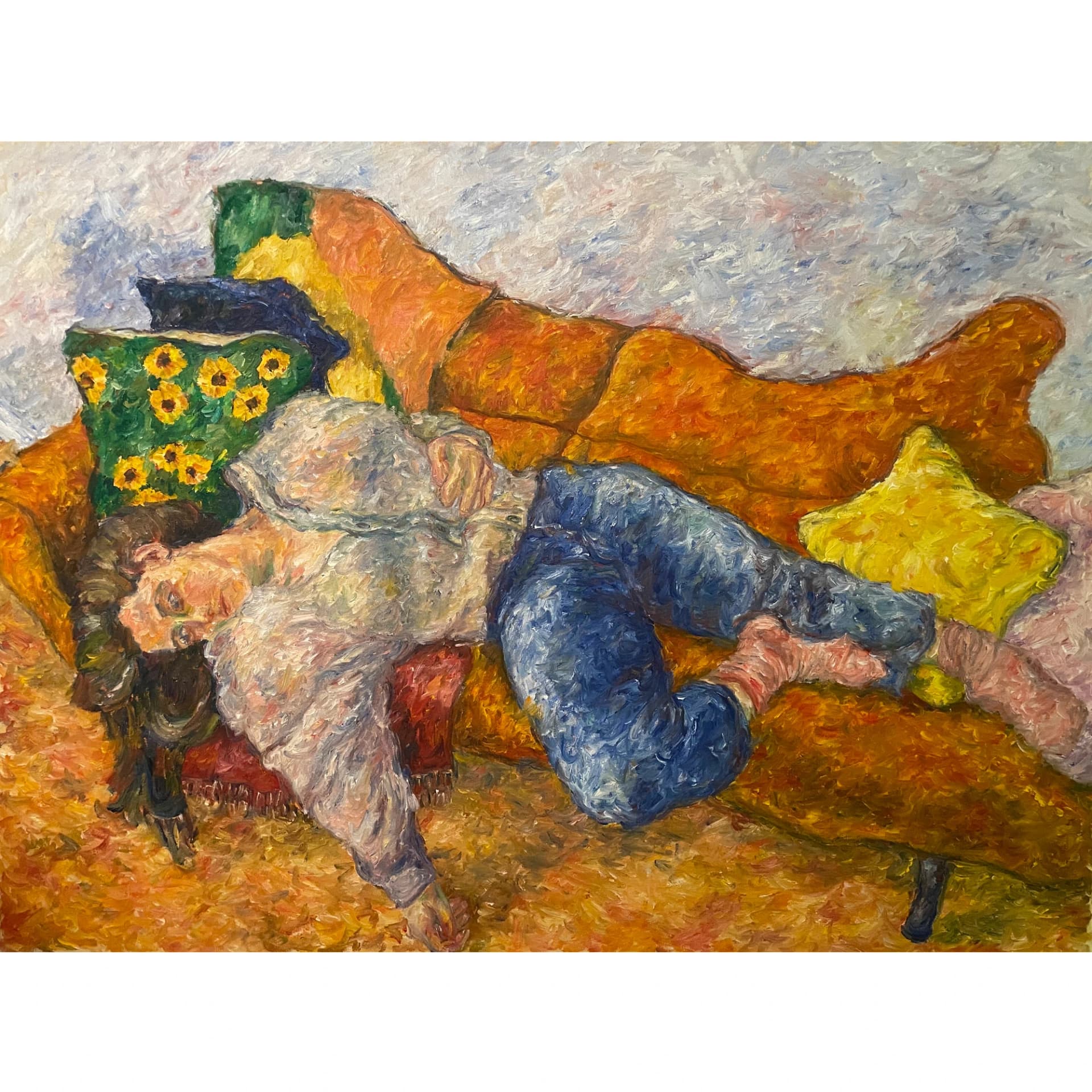 Portrait sur sofa et oreiller fleurit