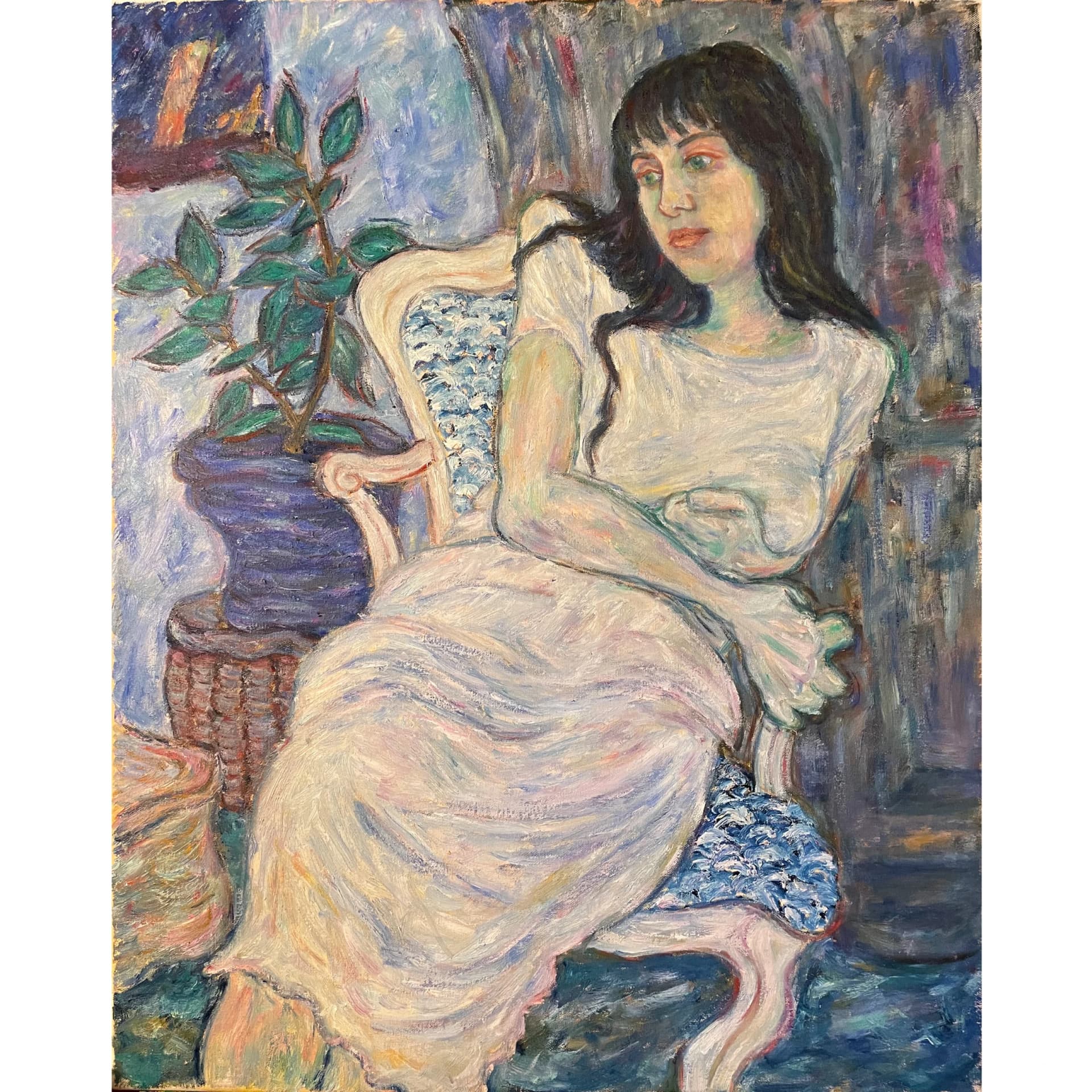 Portrait sur chaise bleue