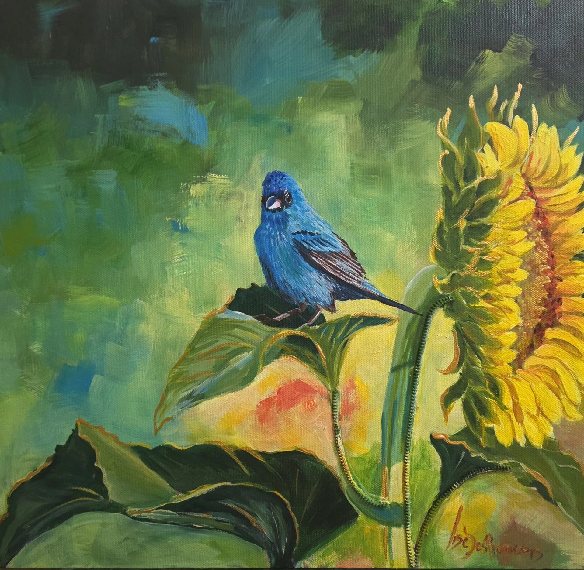 Indigo Bunting on a Gold Leaf