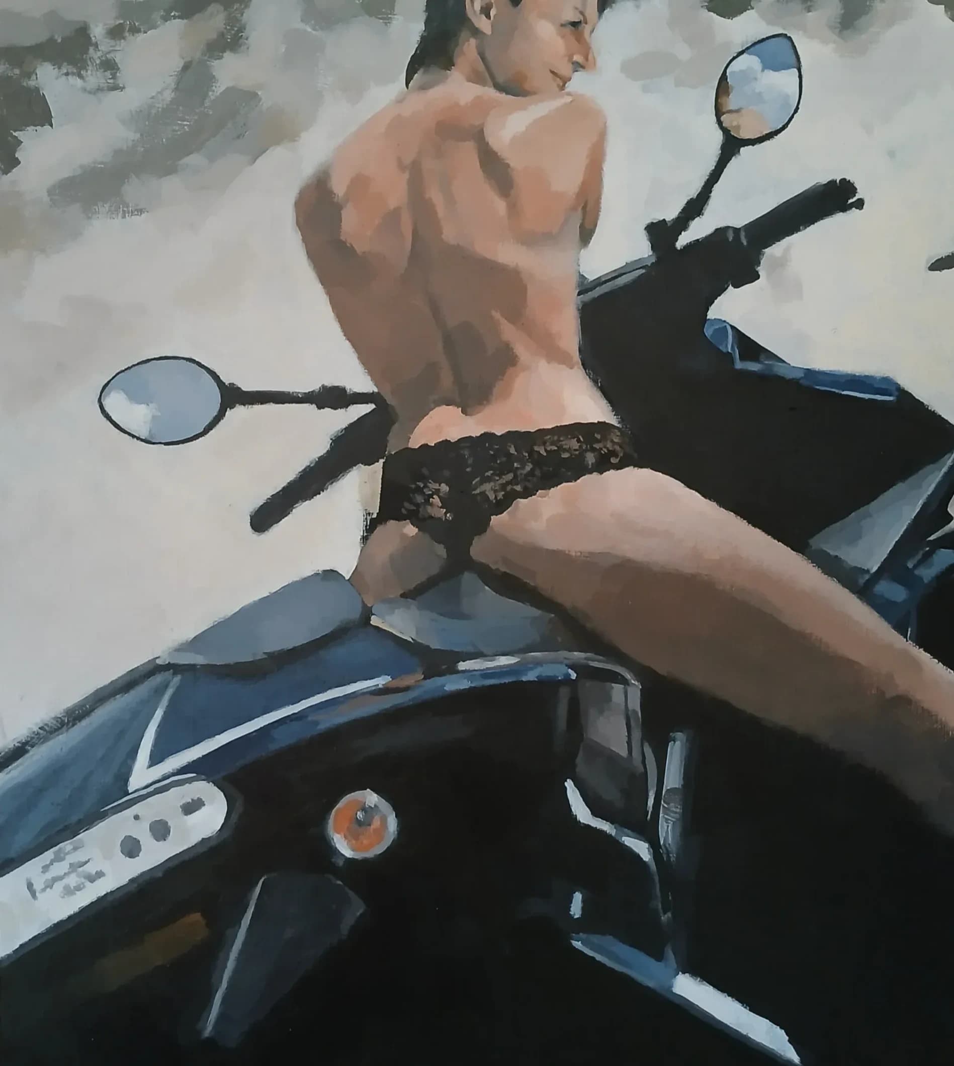 Femme sur moto bleu