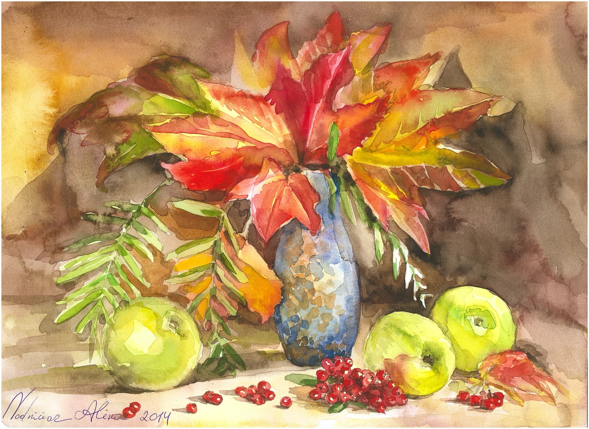 Vodniciar Alina Artwork «Still Life with Autumn leaves» — 28x38cm watercolor on paper 2014