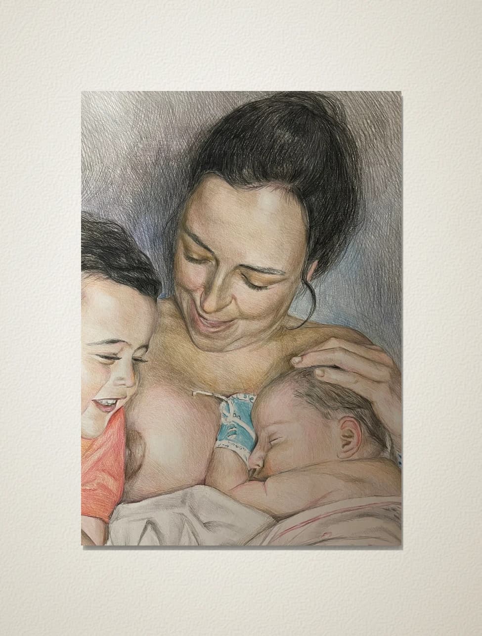 Vodniciar Alina Artwork Children’s Portraits «The Mother with her children» — 46x61cm colored pencils on drawing paper 2023