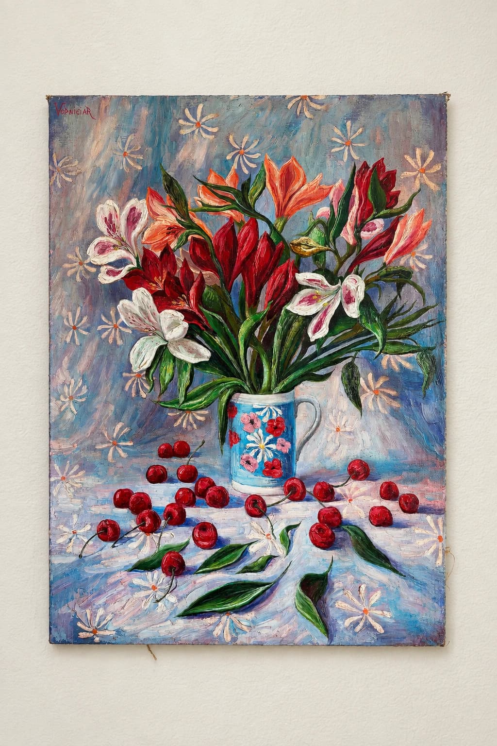 Vodniciar Vladimir Still Life Bouquet «Cherries and Flowers» — 67x93cm oil on burlap canvas 2008