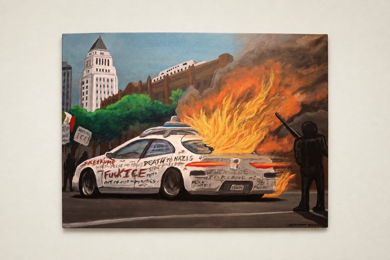 Driverless AI Spy Car burning up in L.A. Anti-ICE Protest,