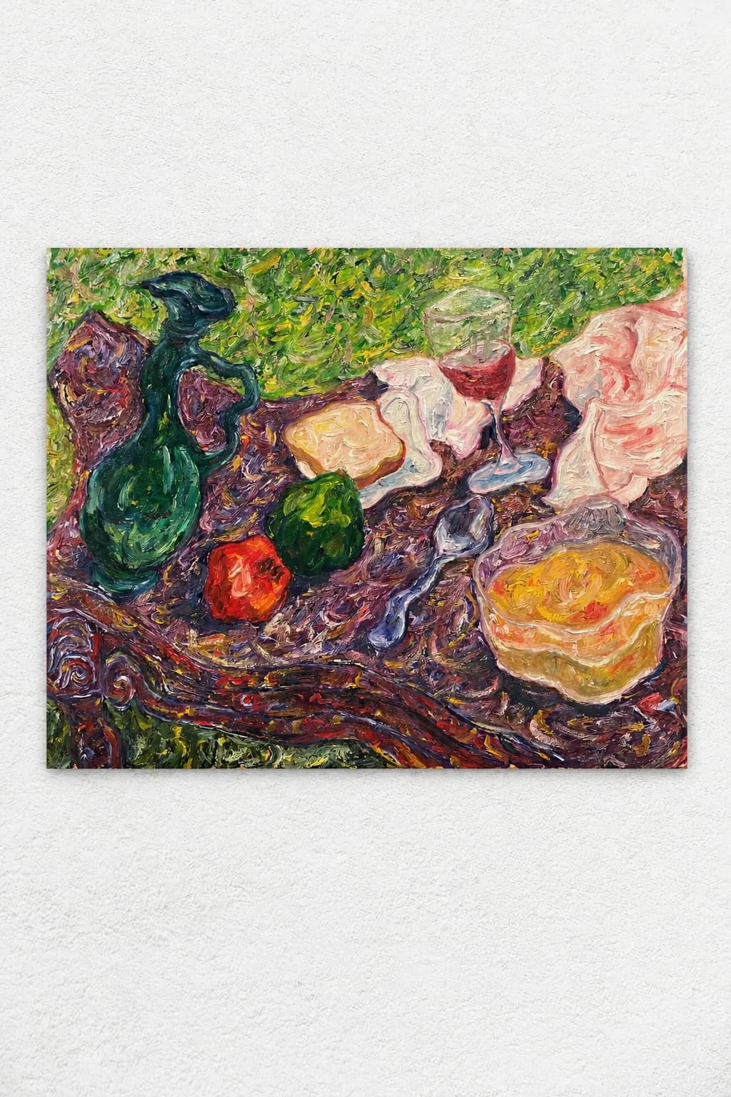 Jug, fruits, bread and soup