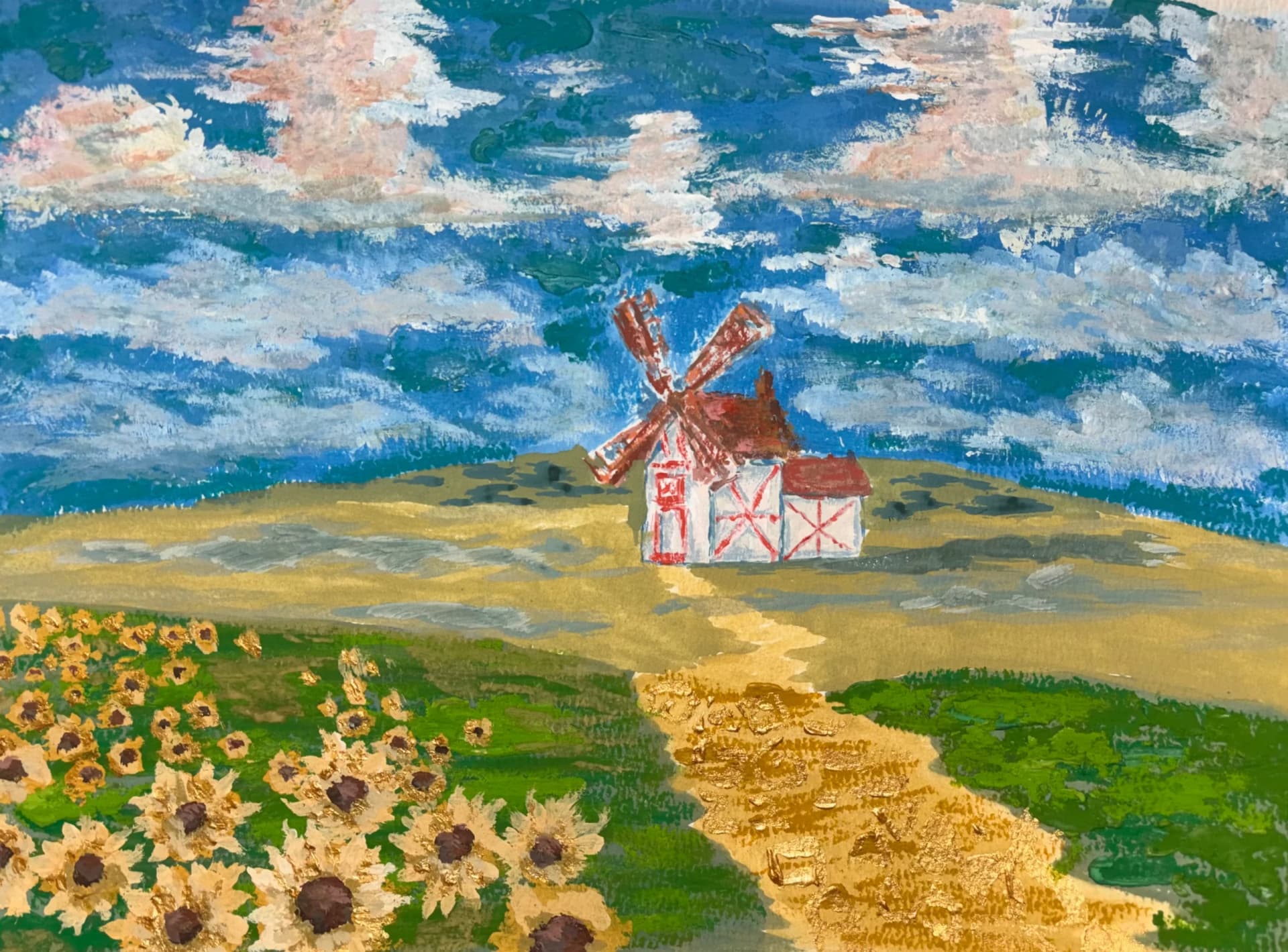 Un moulin à vent derrière un champ de tournesols dorés - Knoland Goldsmith