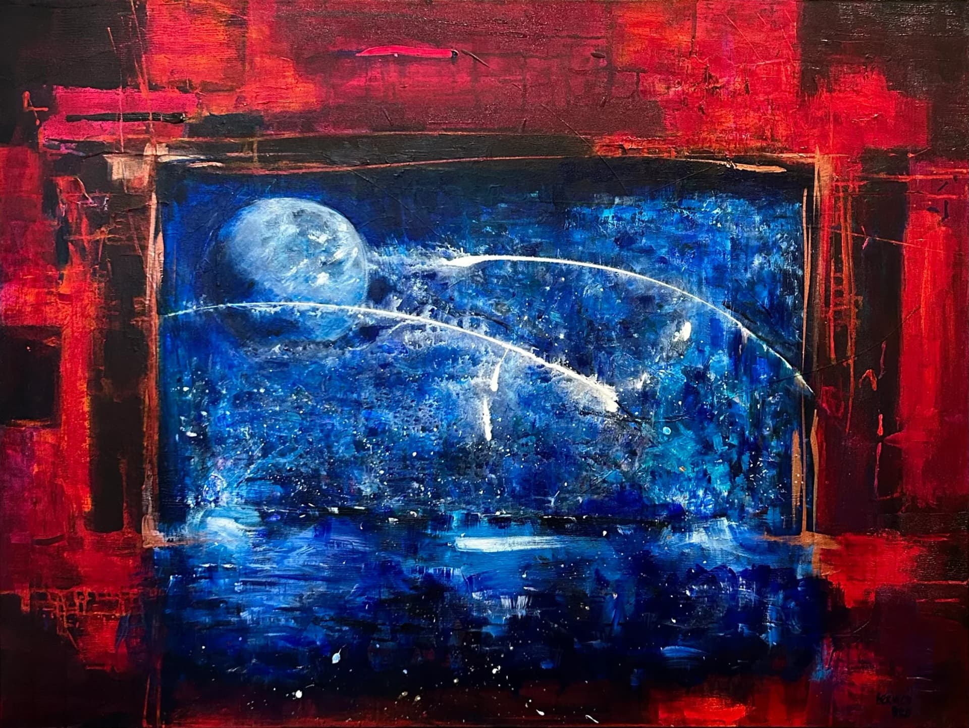 Lune bleue avec cadre rouge - Bernice
