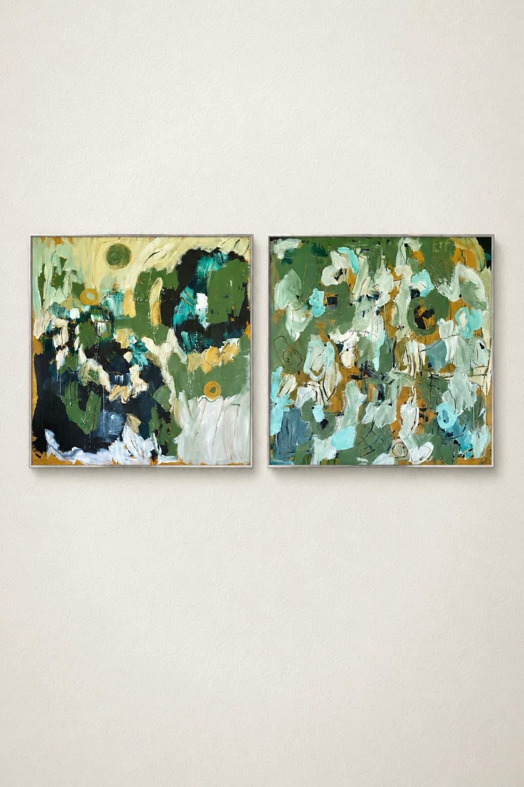 Green and Ochre Abstract Diptych