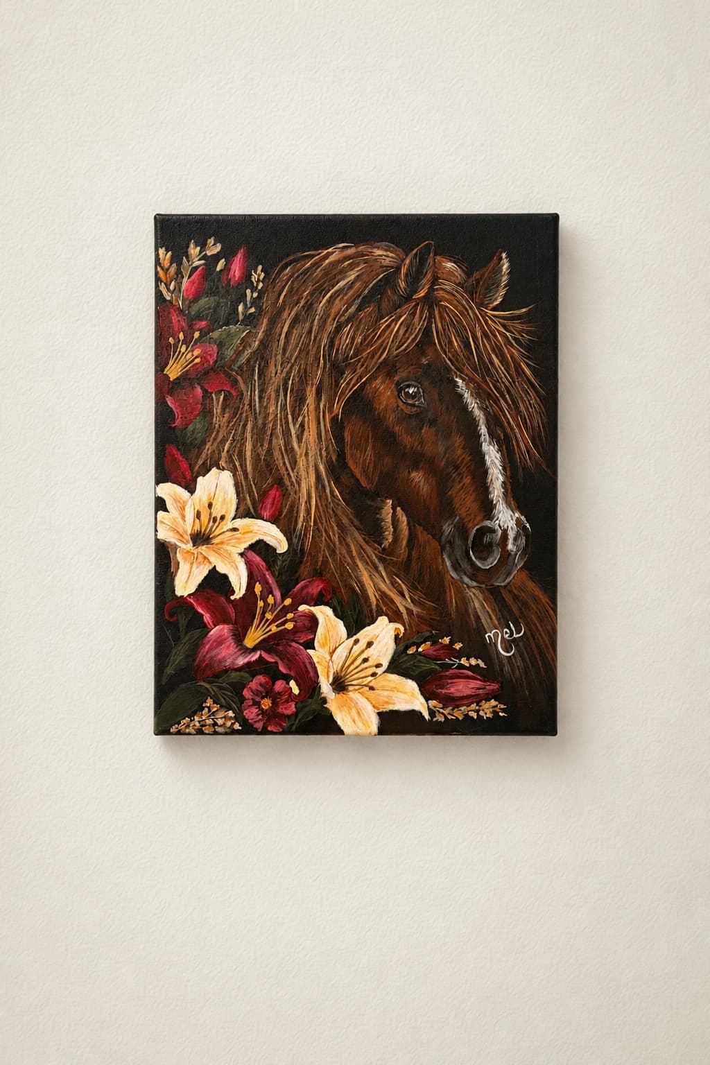 Cheval entouré de lys