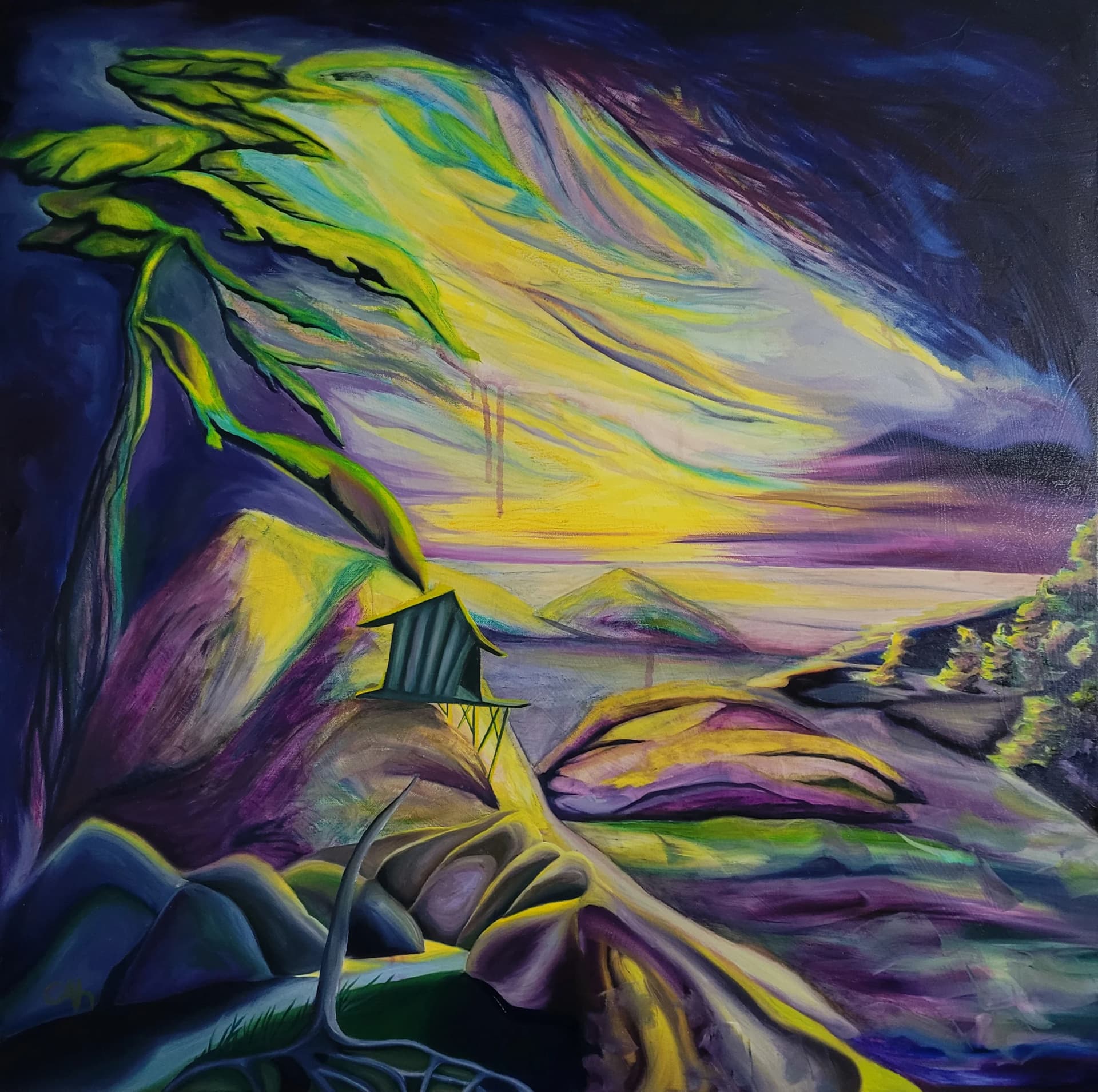 Paysage au vent et cabane