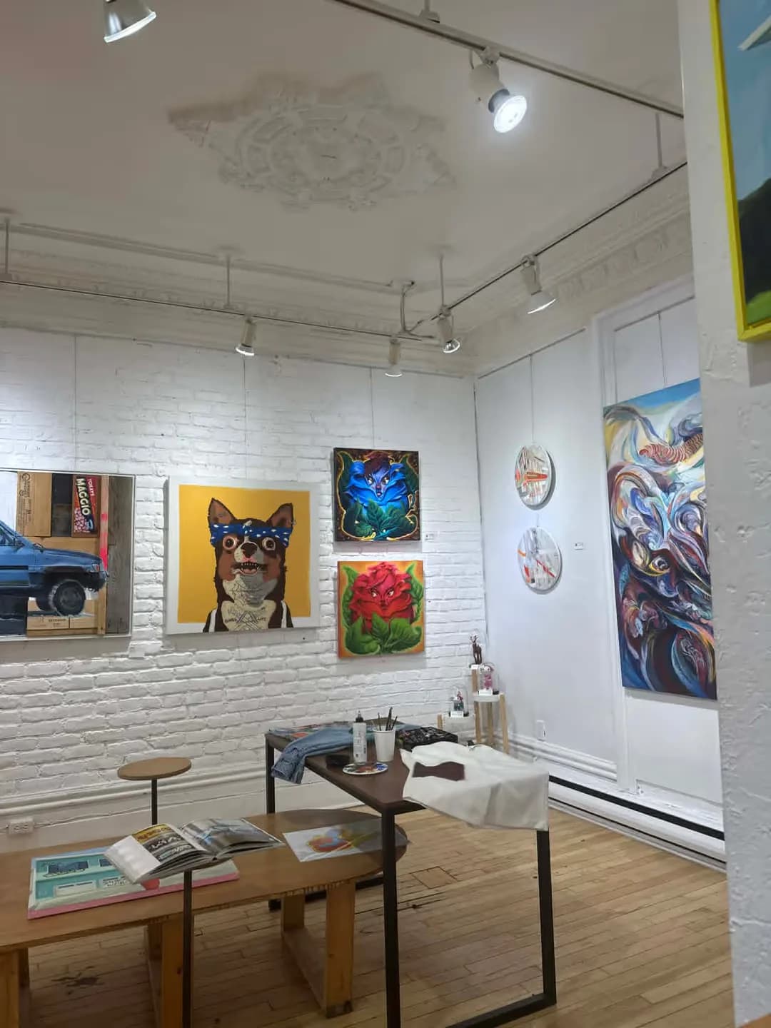 The main room, white brick and mouldings