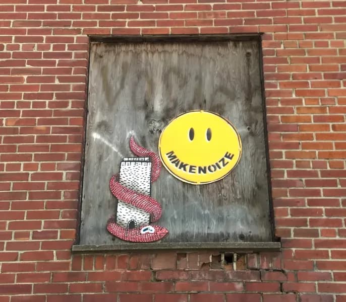 wood-up by Waxhead (left) and piece by Makenoize (right), in Mile End