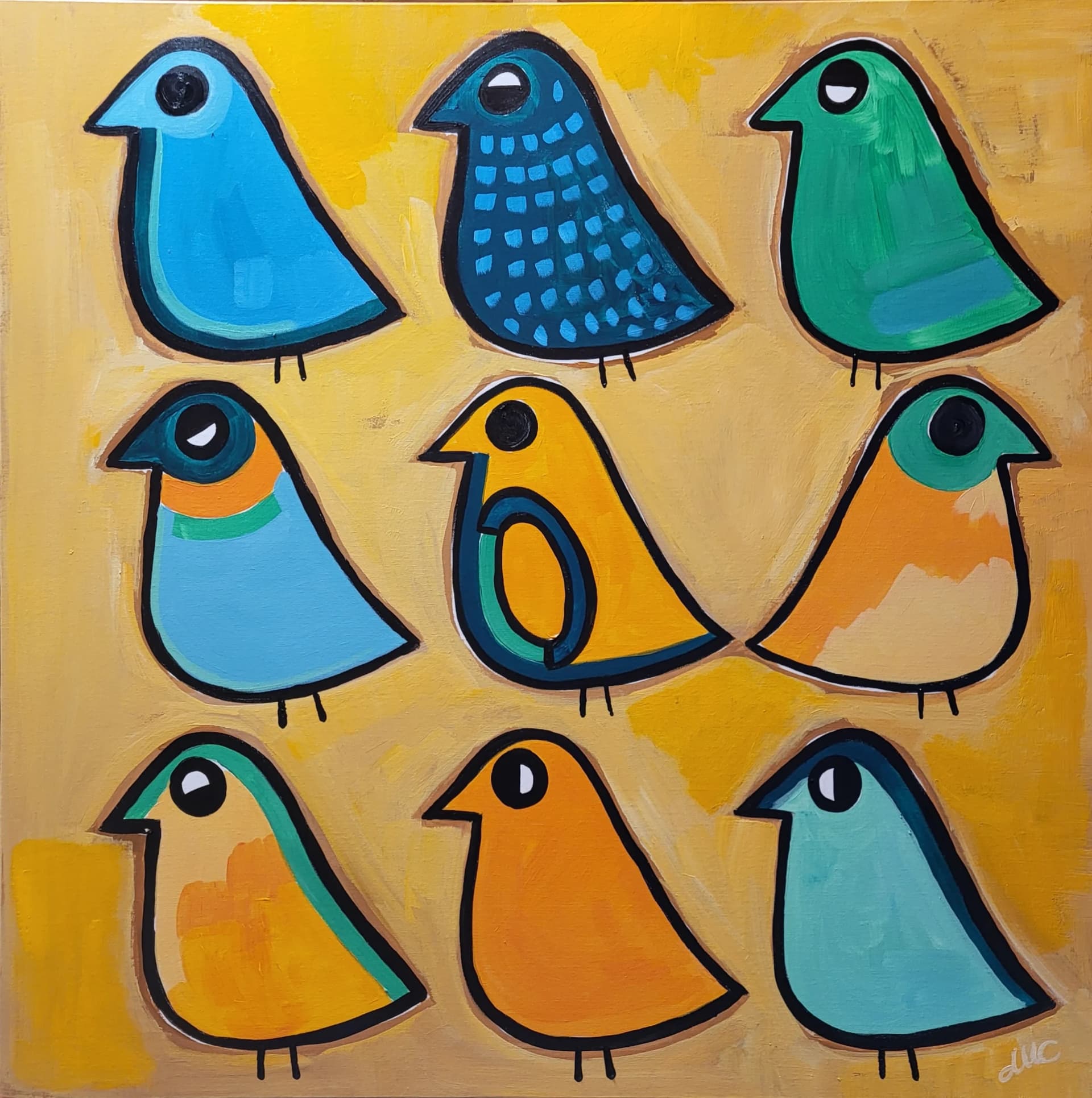 Nine sparrows on a yellow background