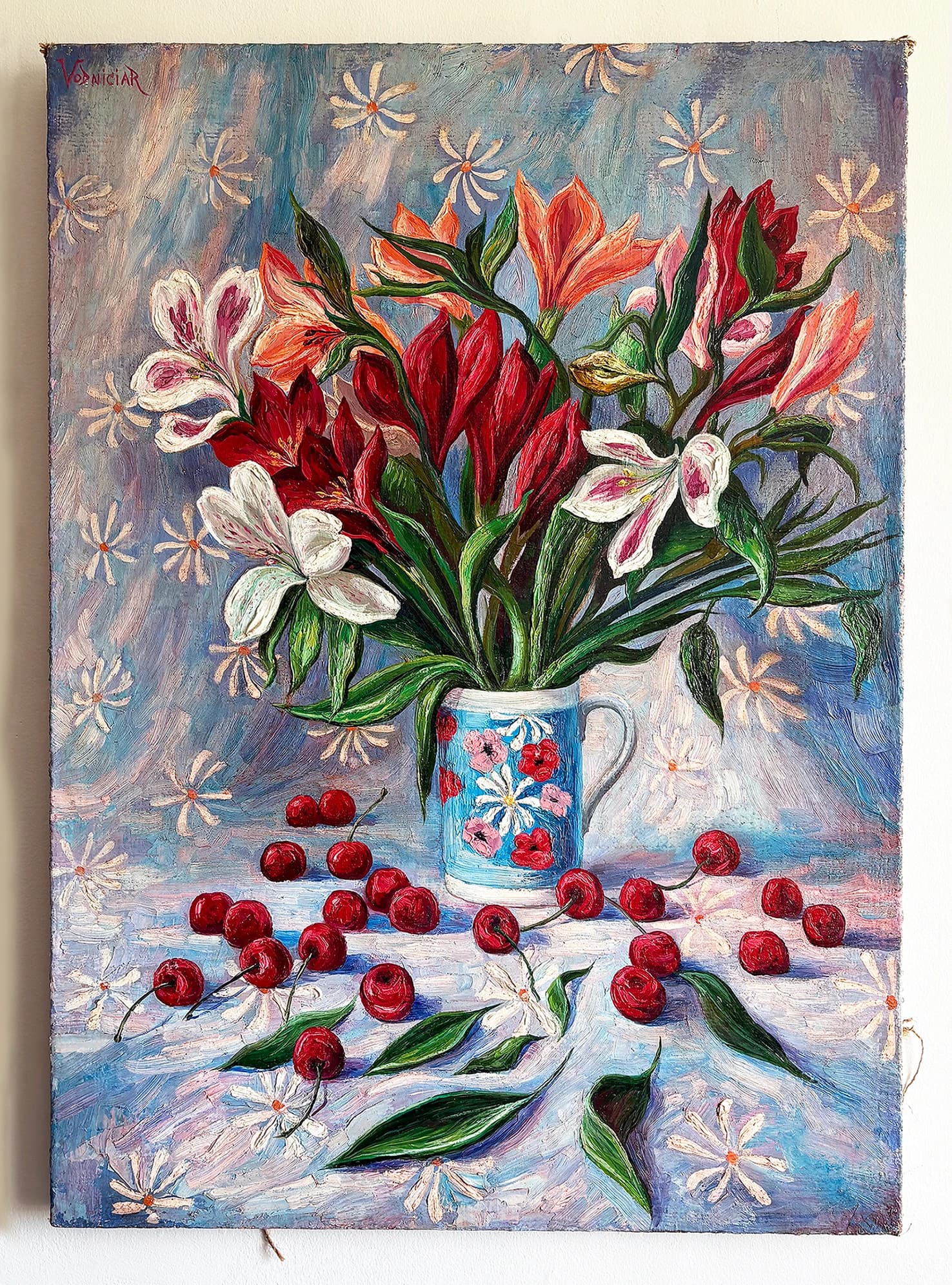 Artist-Vodniciar Vladimir Œuvre d'Art Bouquet «Cerises et Fleurs» — 67x93cm huile sur toile de jute 2008