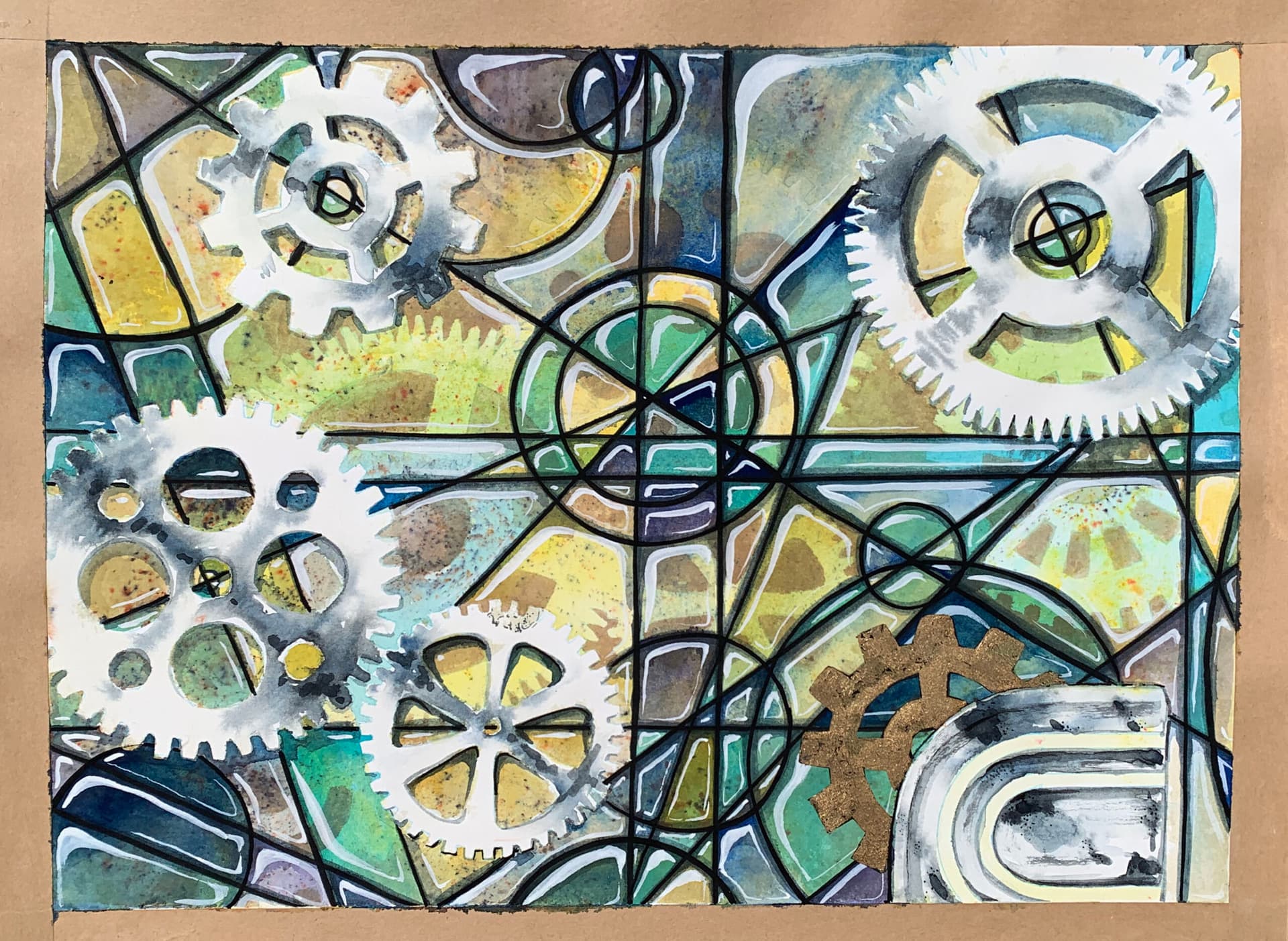 Artist-coulé dans le verre- mécanique bleu