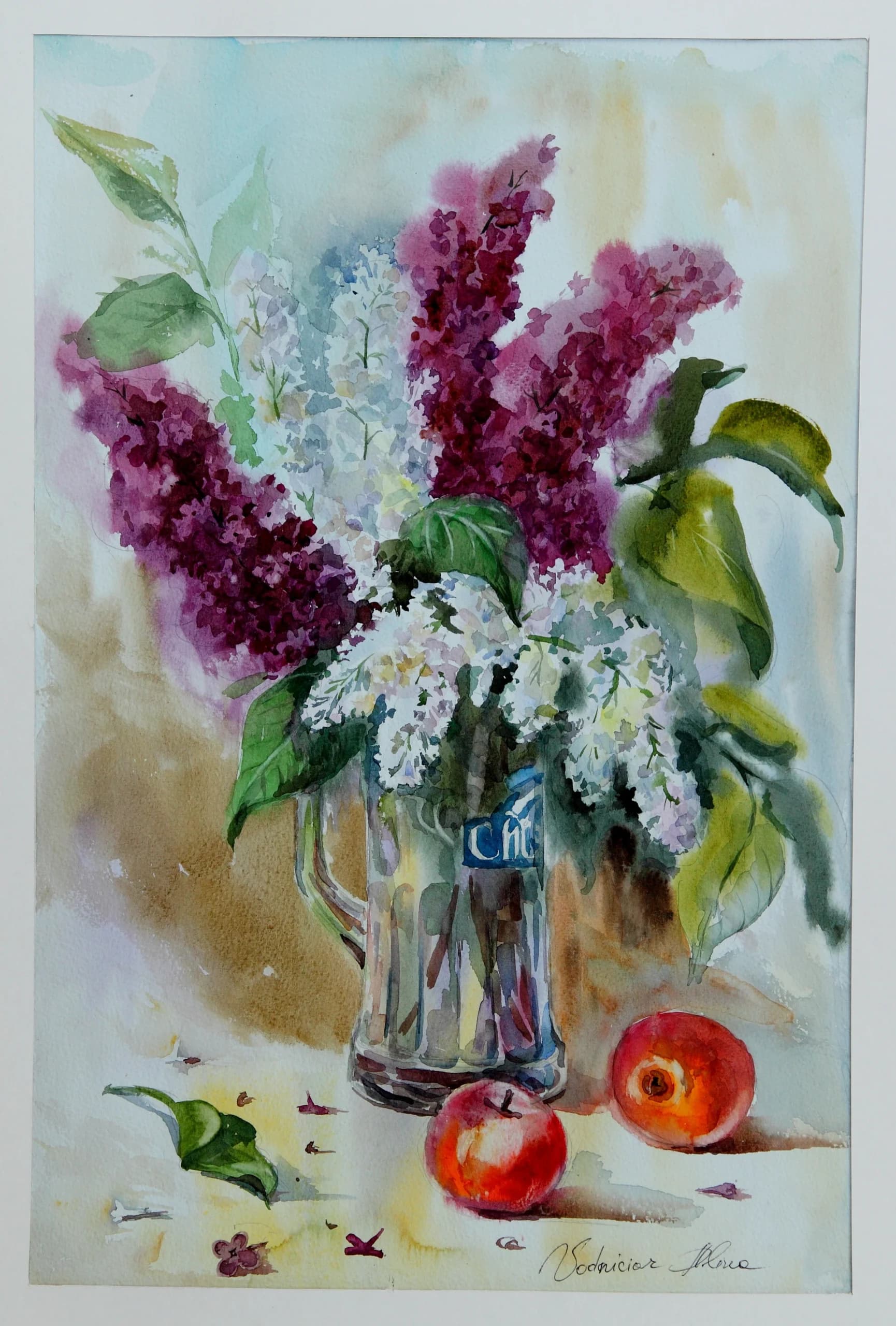 Artist-Vodniciar Alina Œuvre d'Art Nature morte «Fleurs de Lilas» — 35x54cm aquarelle sur papier 2008