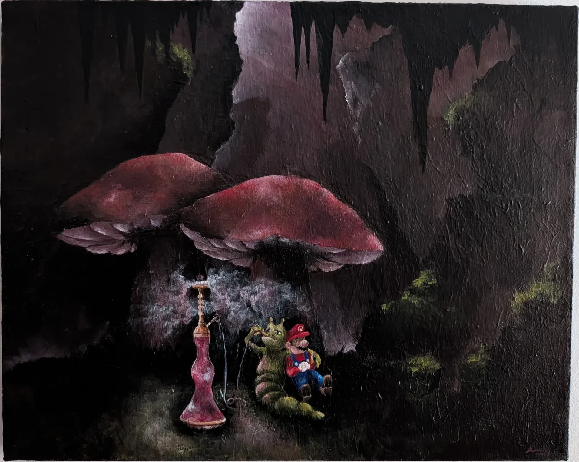 Mario et la chenille d'Alice au Pays des Merveilles