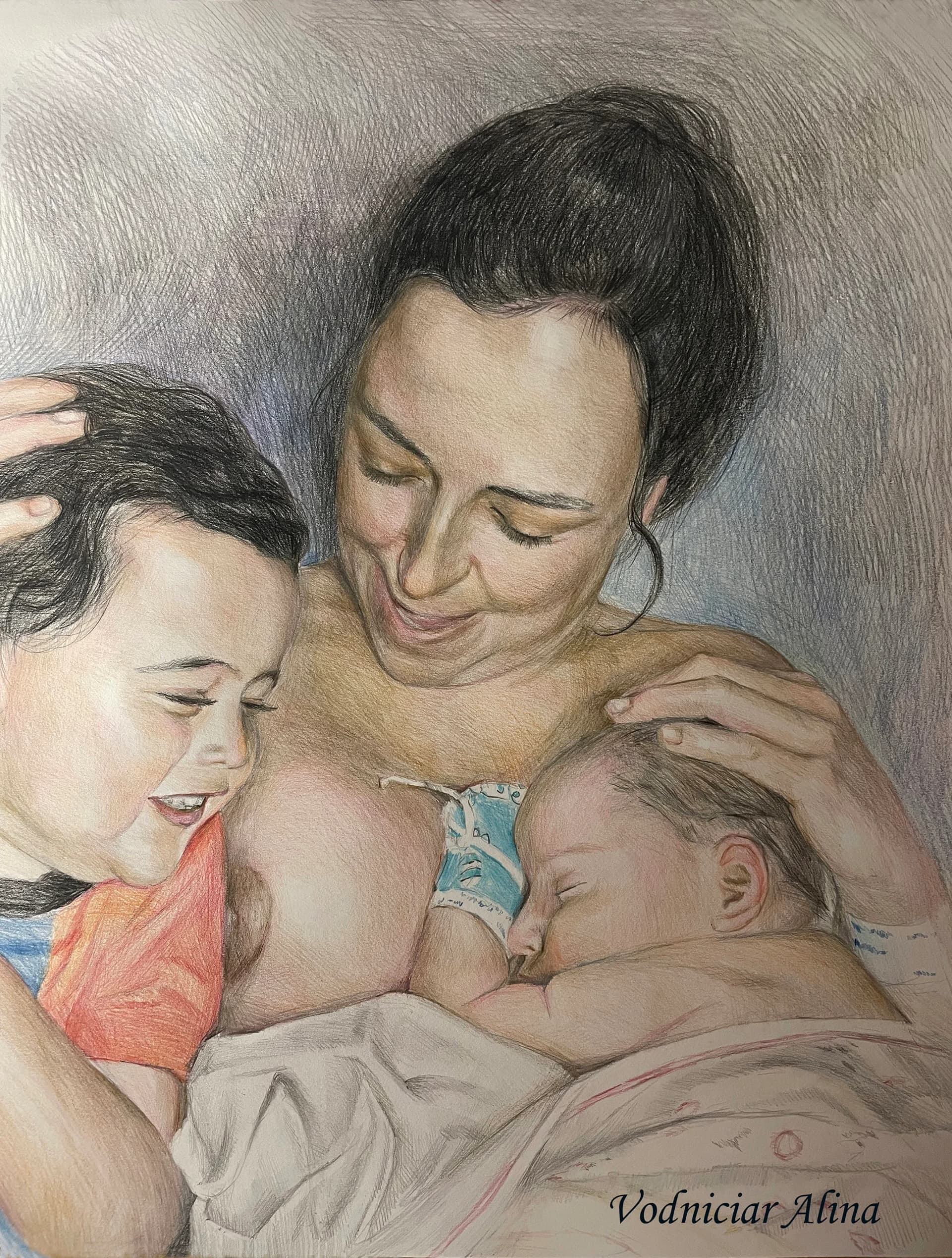 Artist-Vodniciar Alina Œuvre d'Art Children’s Portraits «La Mère avec ses enfants» — 46x61cm crayons de couleur sur papier à dessin 2023