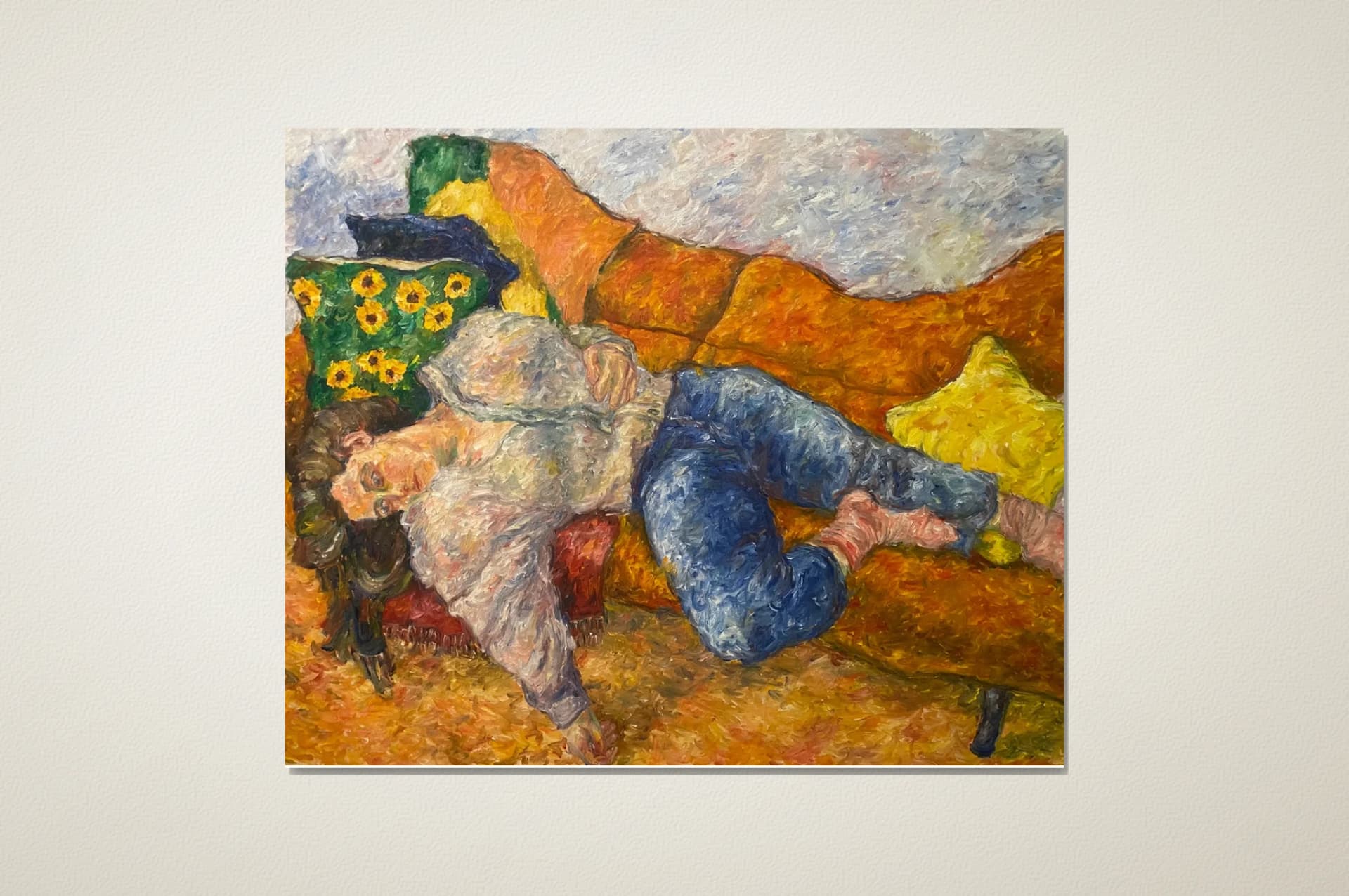 Portrait on sofa and blooming pillow