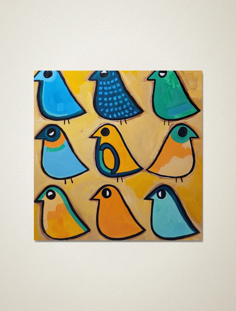 Nine sparrows on a yellow background