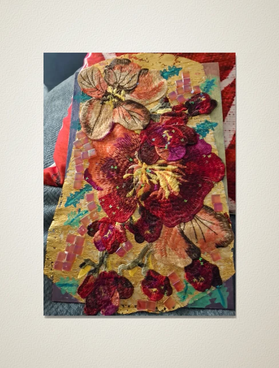 Flower fabric painted leaves on wood canvas