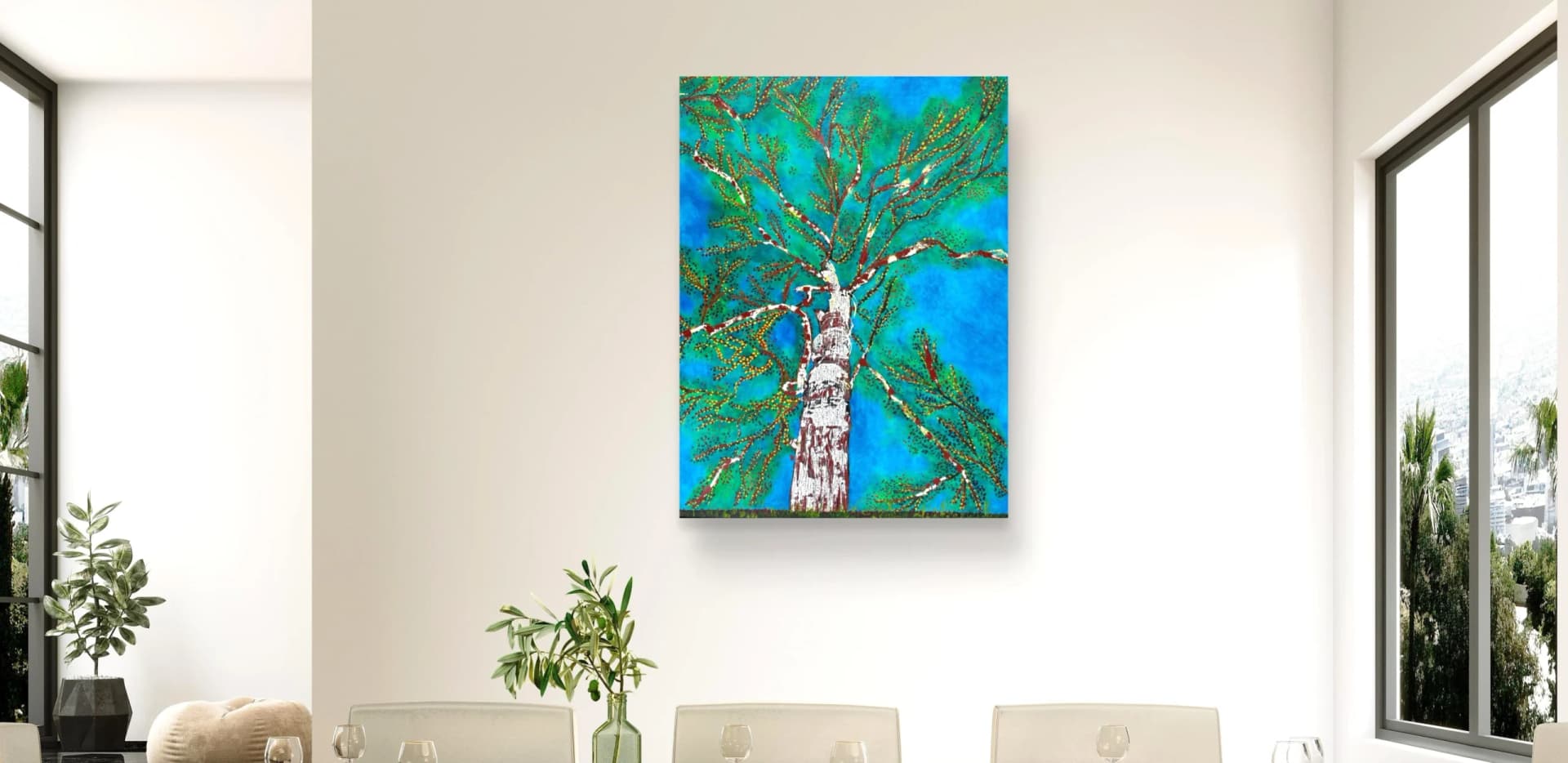 Cap Agathe, white birch tree seen from below