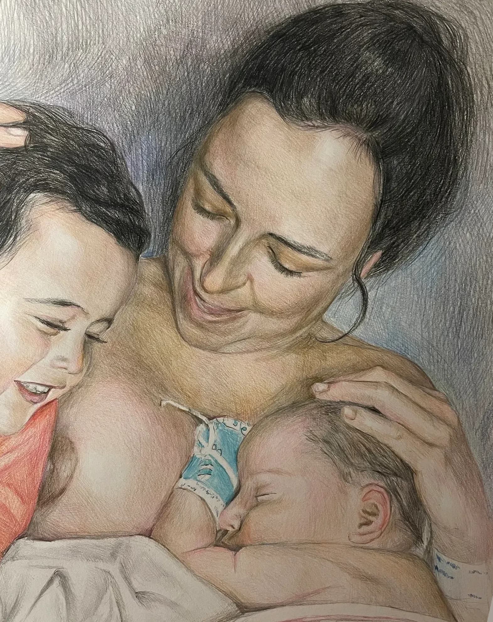 Vodniciar Alina Artwork Children’s Portraits «The Mother with her children» — 46x61cm colored pencils on drawing paper 2023