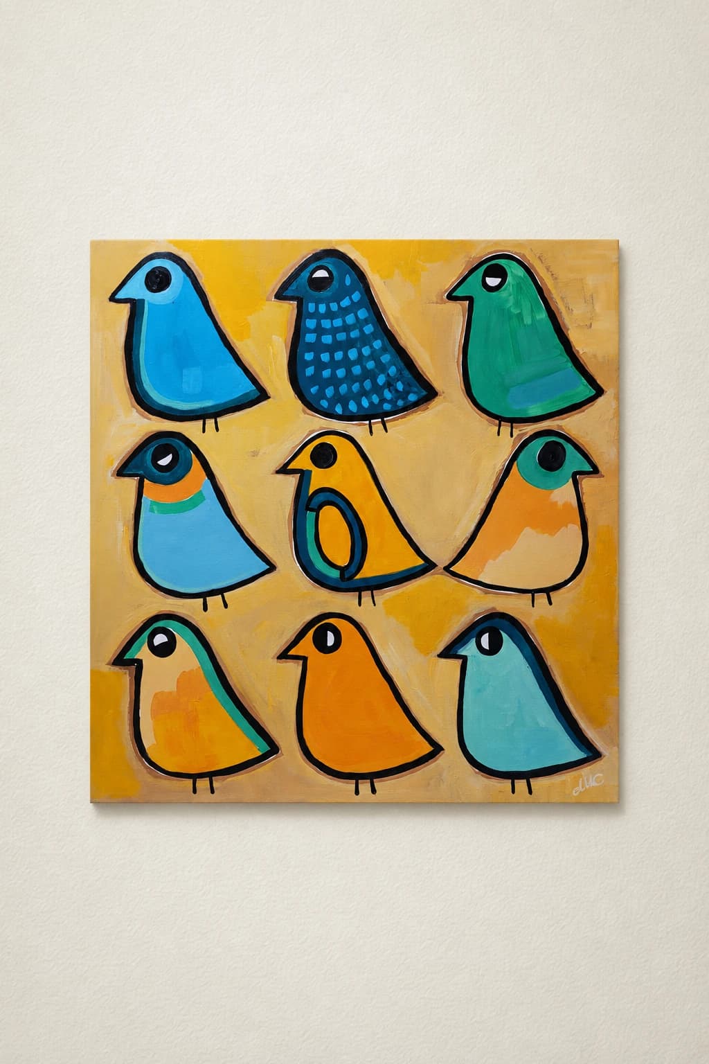 Nine sparrows on a yellow background