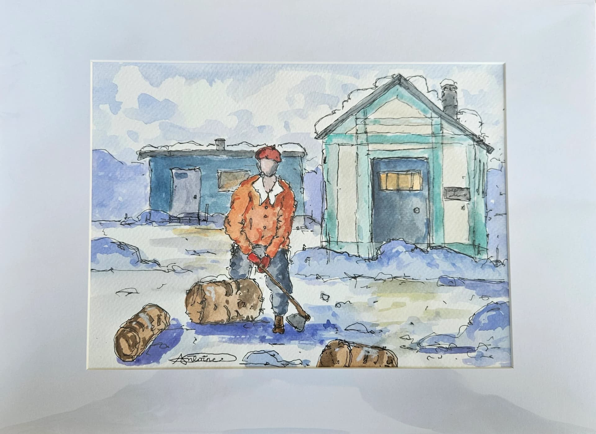 Artist-bûcheron dans la nuit d'hiver
