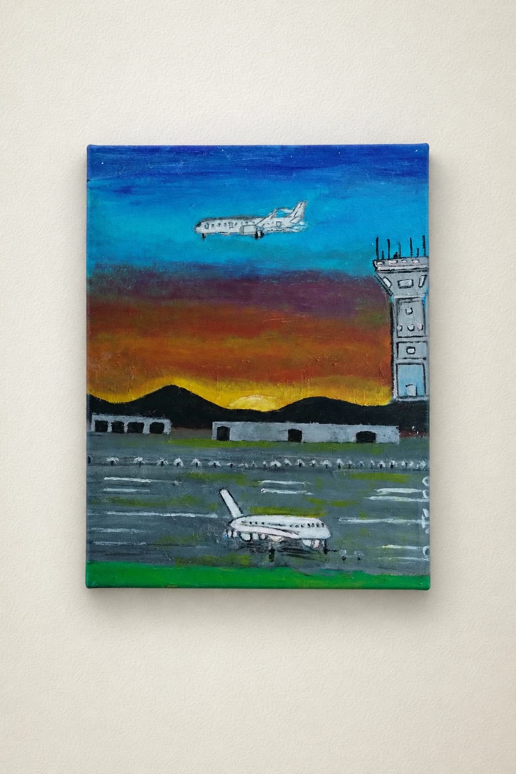 Scène d'aéroport au crépuscule