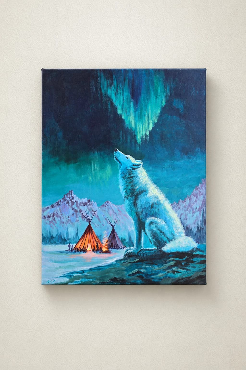 Loup sous les Aurores Boréales