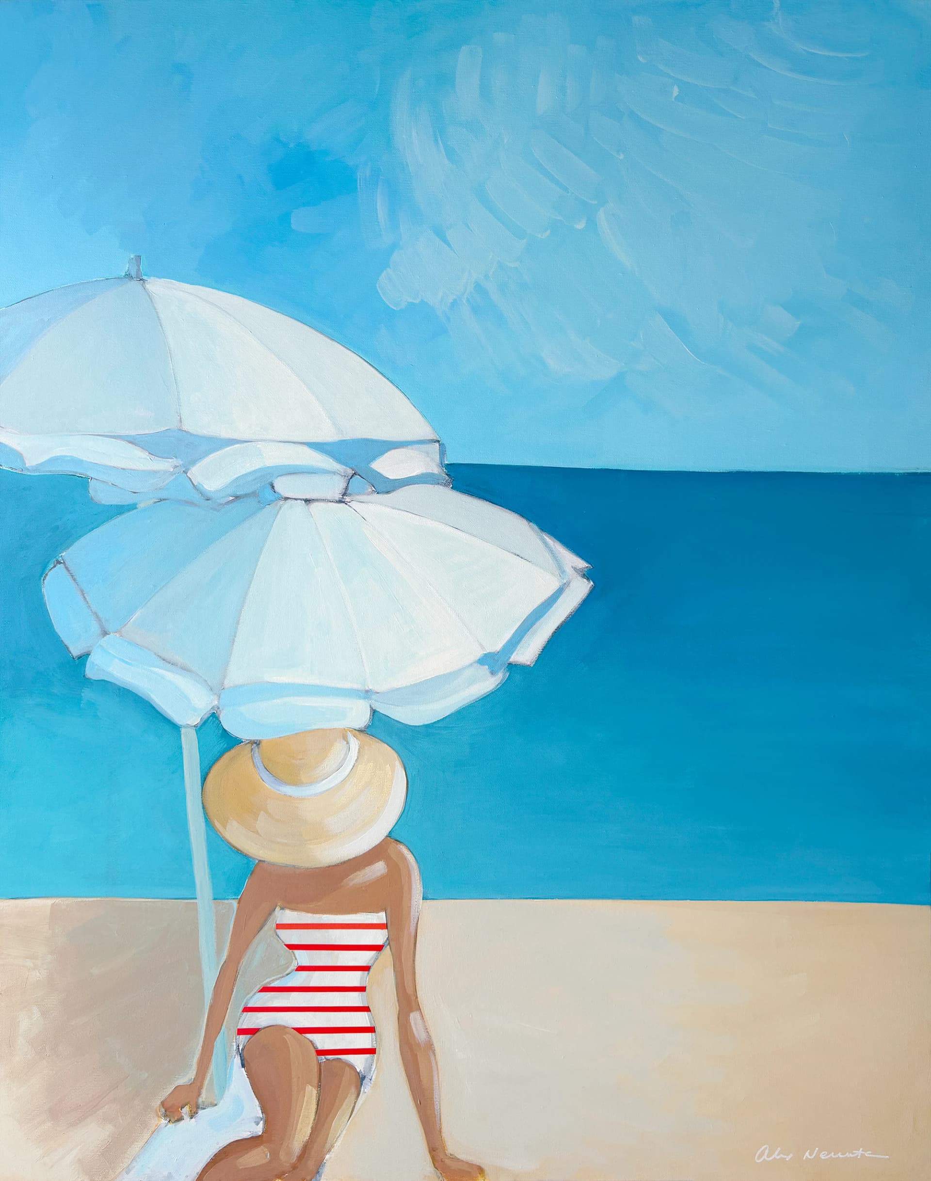Femme sous parasols à la plage