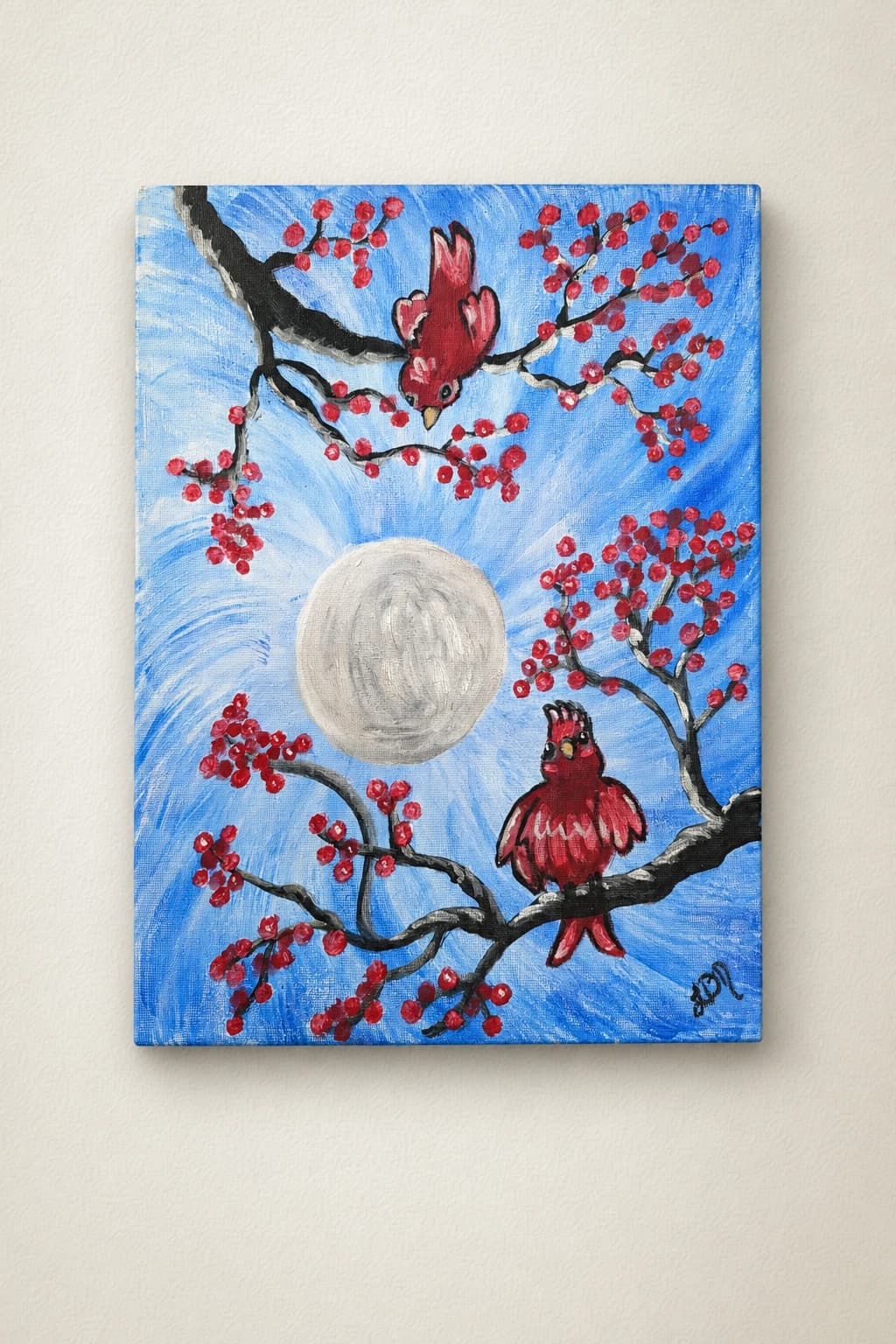 Oiseaux rouges et lune