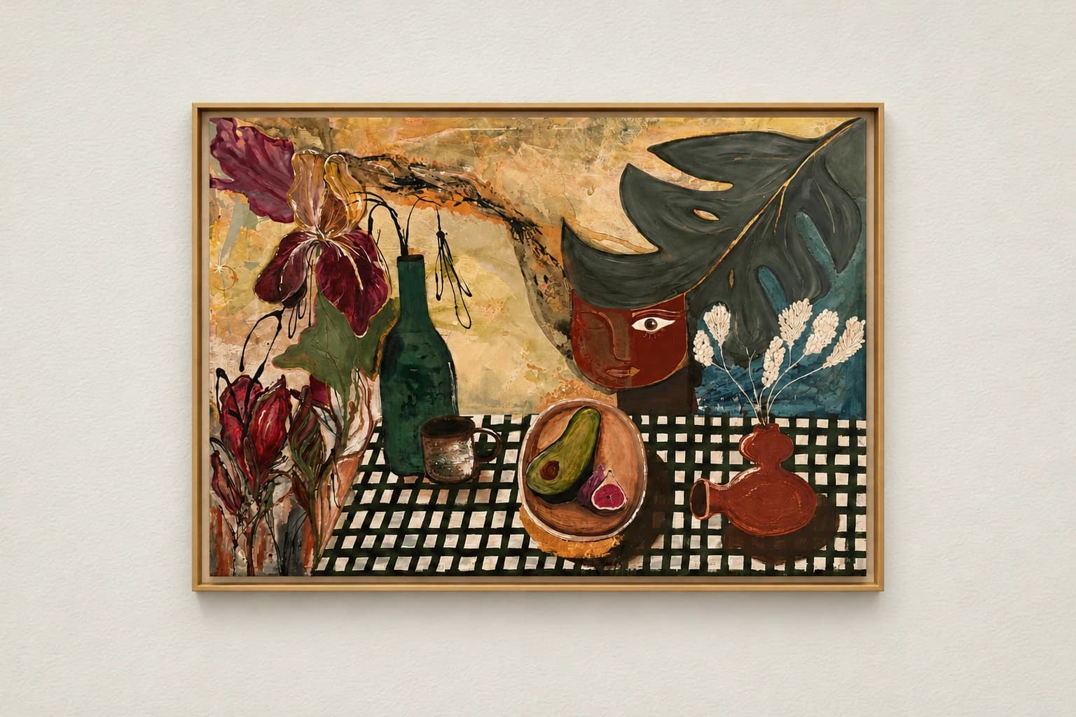 Nature morte avec visage et feuilles