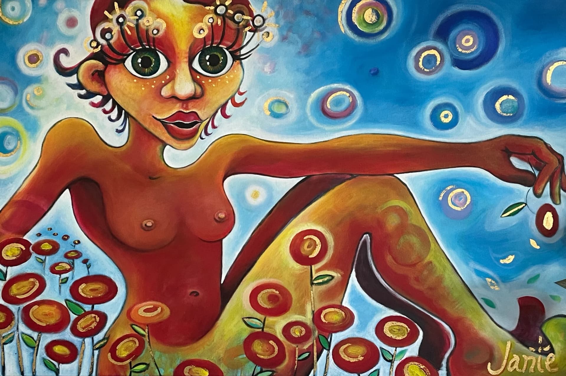 Woman with Large Eyes and Flowers