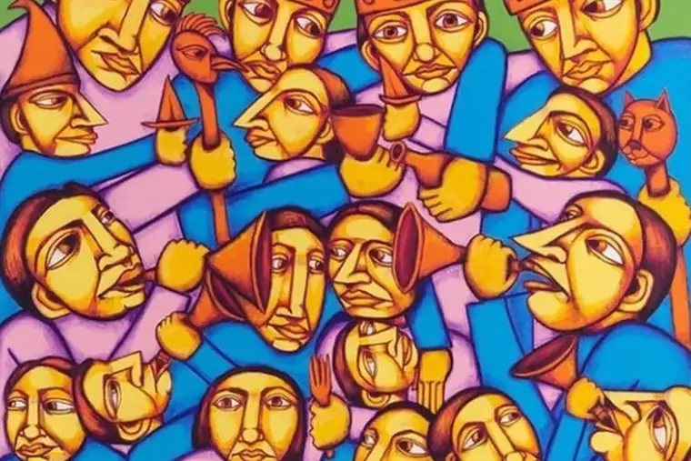 Figurative canvas showing a dense crowd of yellow and orange faces on a blue and purple background.